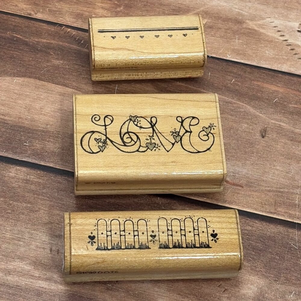 1989 DOTS K124 K147 WOOD MOUNTED RUBBER STAMP SET OF 3 LOVE FENCE BORDER HEART